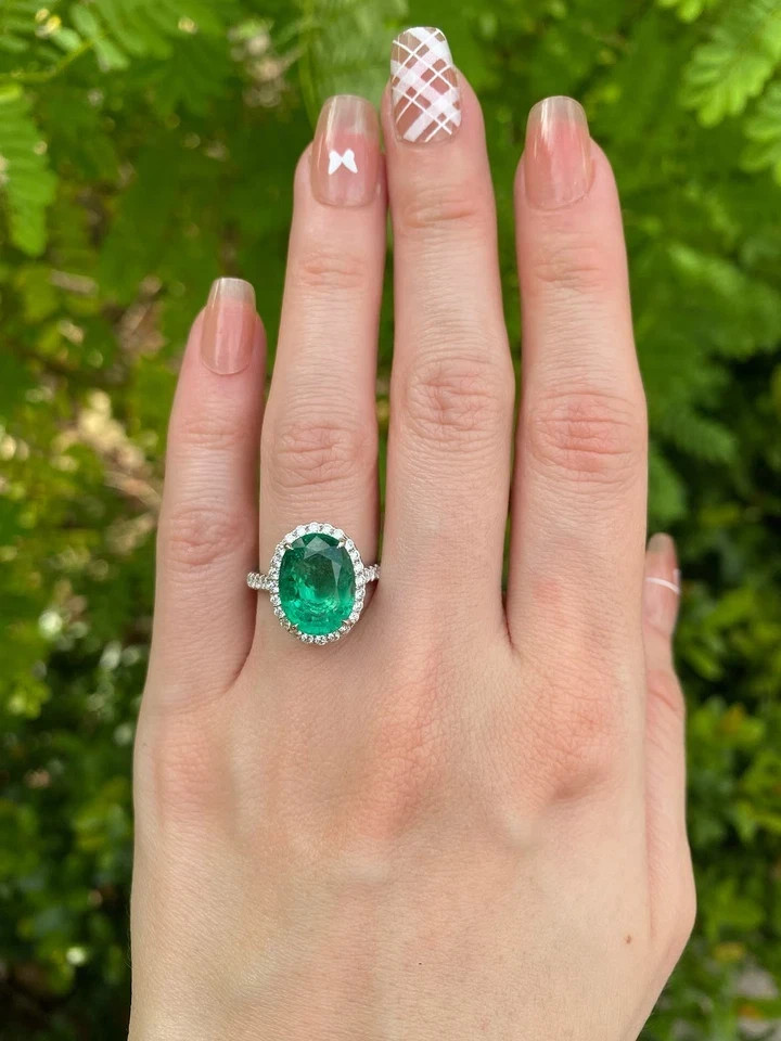 6.00Ct Natural Green Emerald & Diamond Couple Ring Solid 14K White Gold Oval Cut