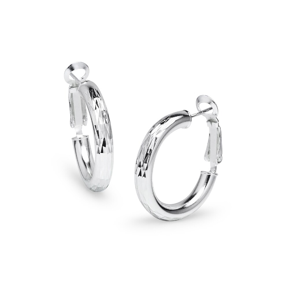 Diamond Cut Clutchless 4x25mm Hoop Earrings in Sterling Silver
