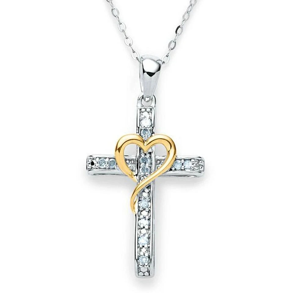 0.50 Ct Round Lab Created Diamond Two-Tone Gold Plated Cross Heart Pendant