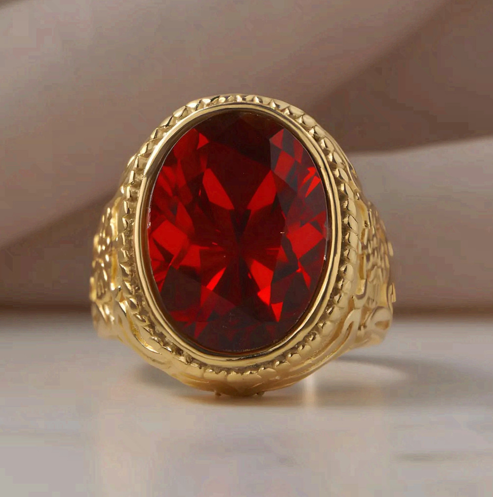 Red Stone Signet Ring Surgical Steel Gold Tone Statement Band