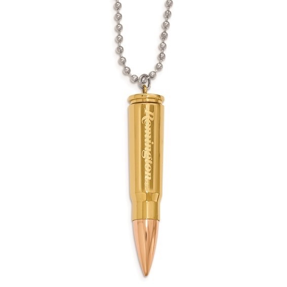 REMINGTON Bullet Stainless Steel Pendant Necklace with Etched Script Logo