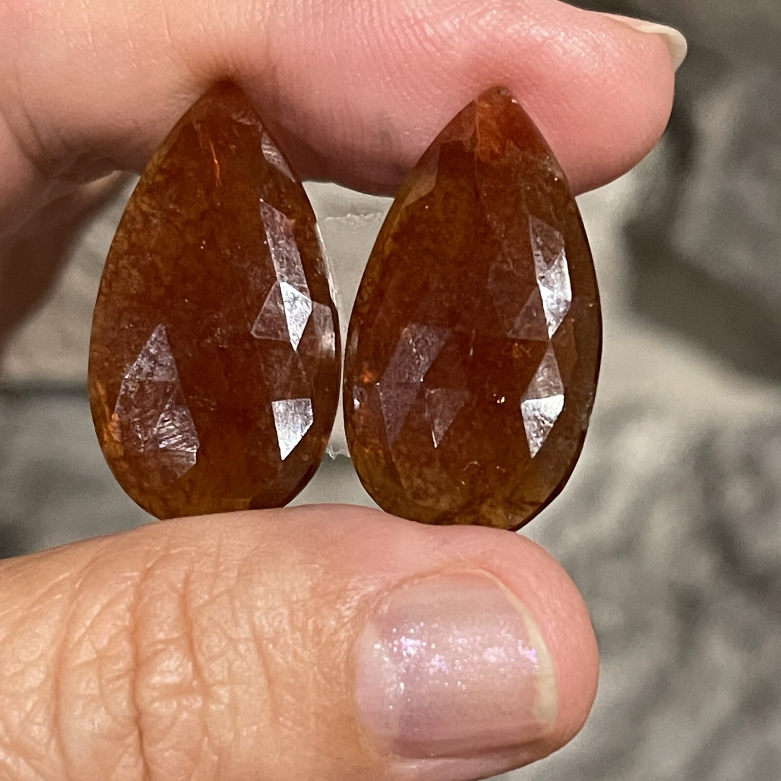 37.5ct 28x16x4.5mm Pair Fine Rose Cut Flat Back Hessonite Garnet Drop Cabochons