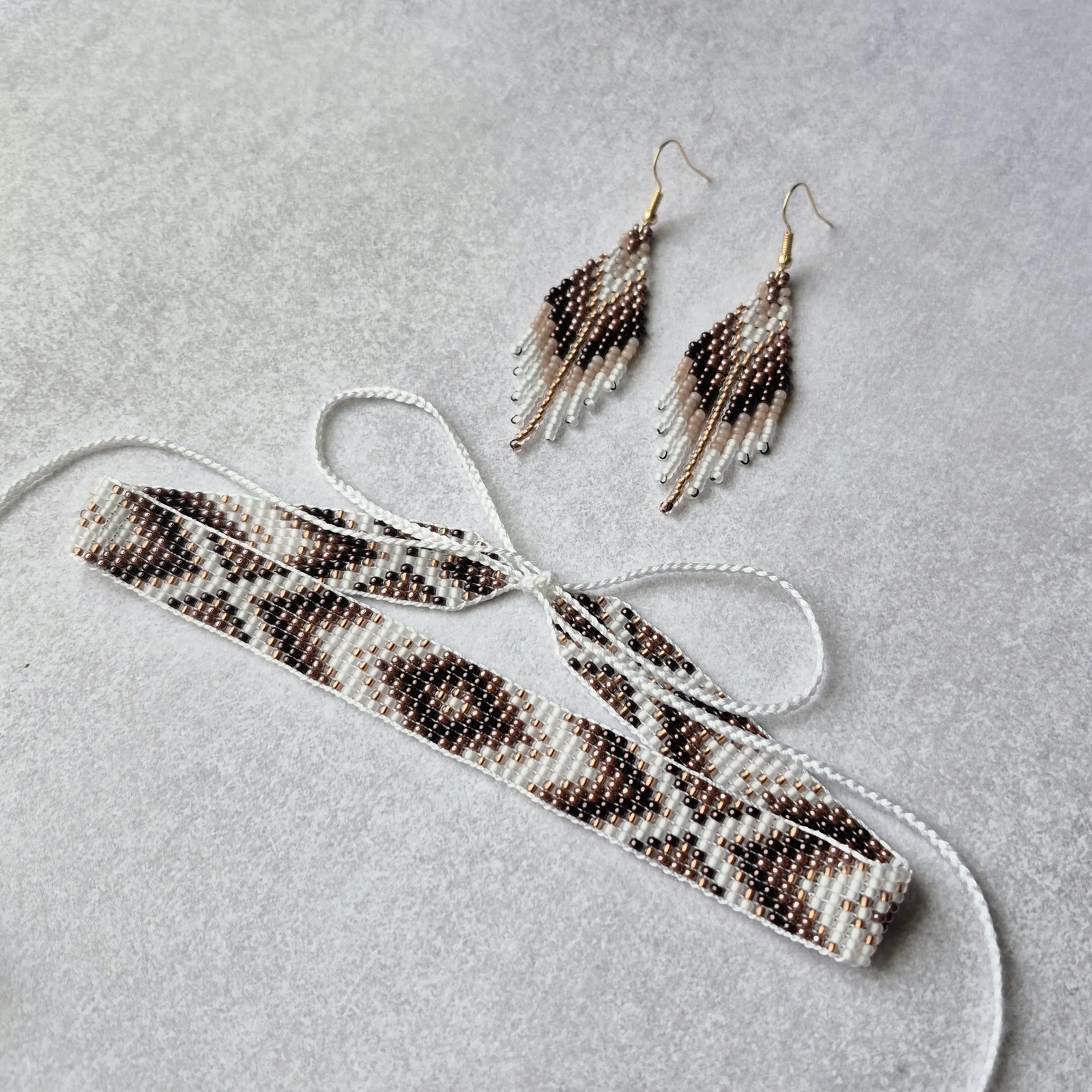 Brown and Gold Ukrainian Beaded Jewelry Set – Handmade Choker Necklace & Fringe