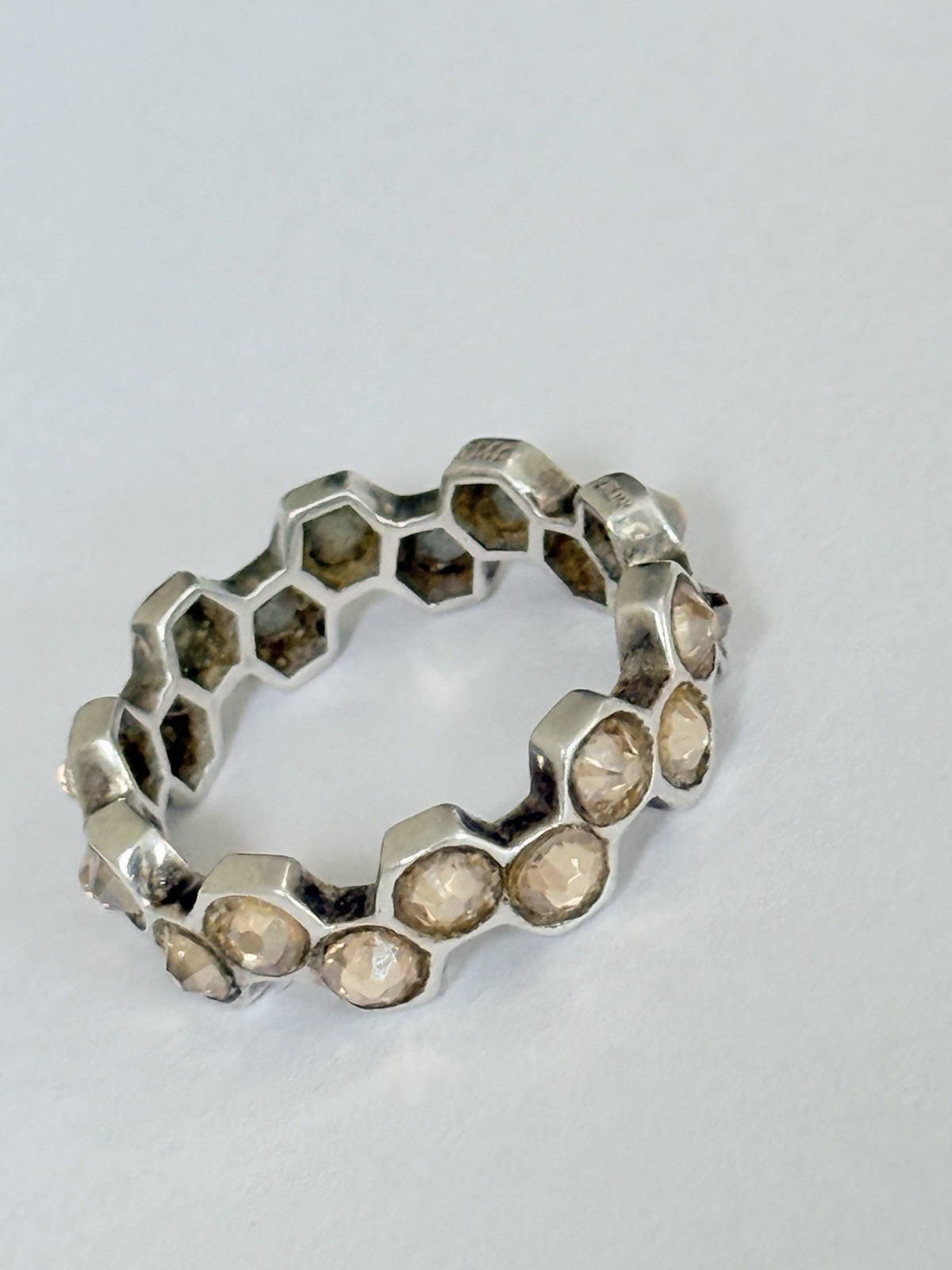 Mignon Faget 925 Sterling Silver Honey Crystal Hive Honeycomb Ring Size 8