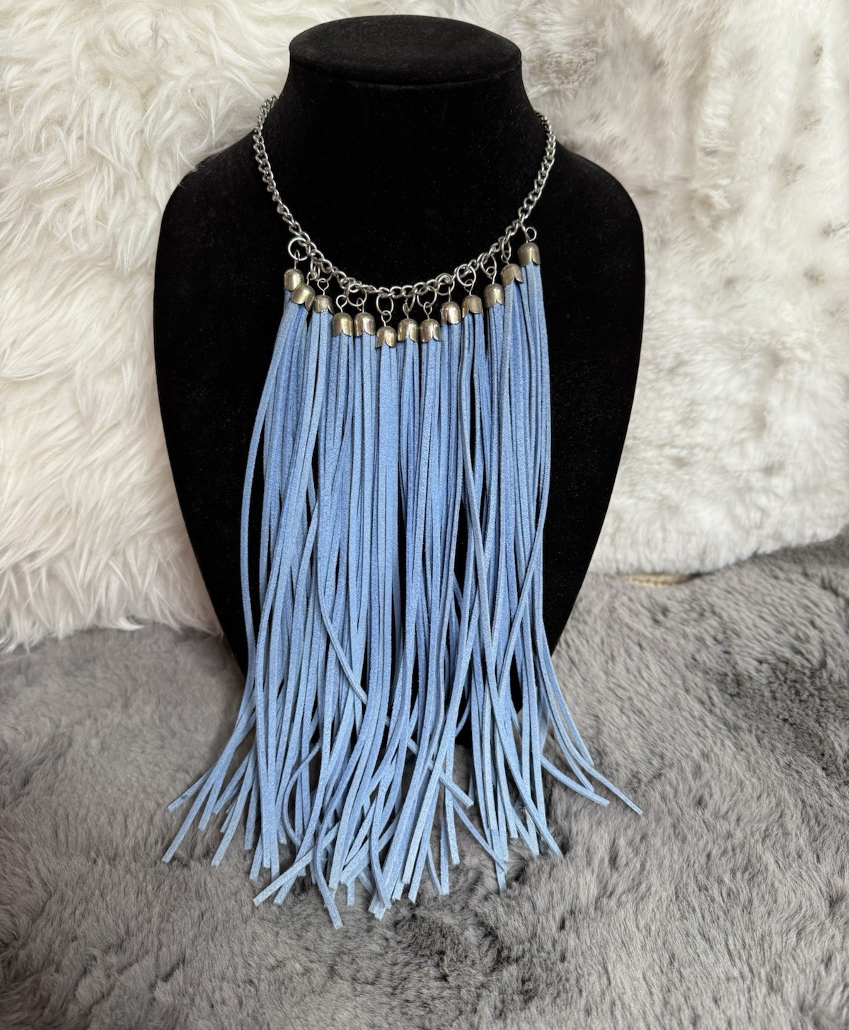 Boho Leather Suede Fringe Statement Necklace handmade by local artist