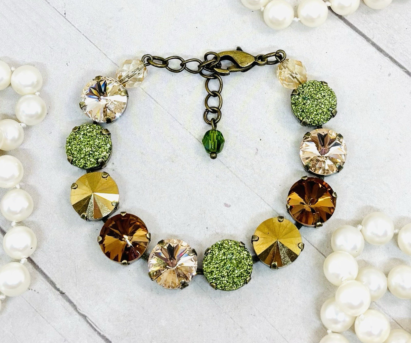 Antique Brass Plated 12mm Olive Green Glitter And Golden Cup Chain Bracelet