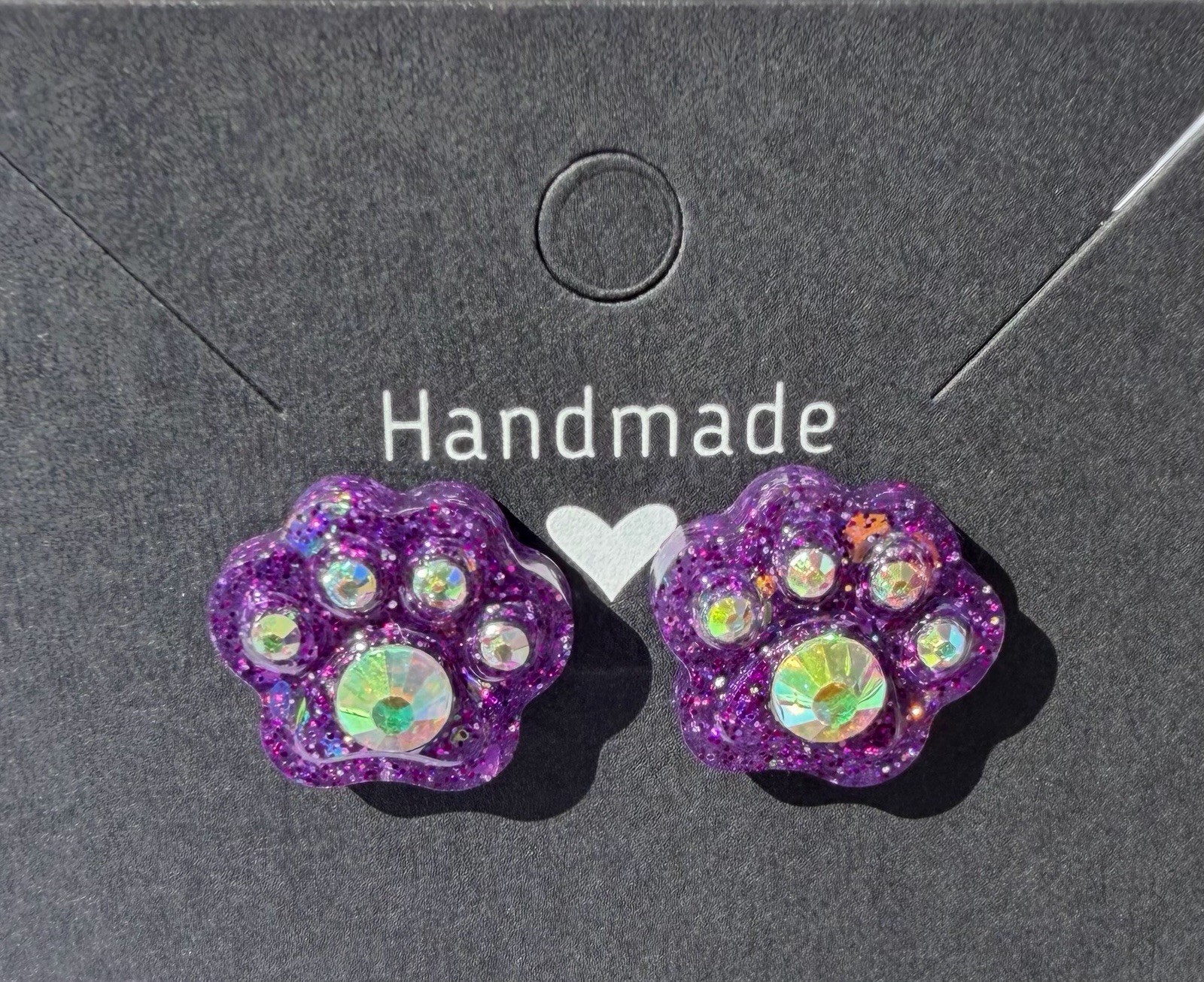 Handcrafted Purple Multicolor Paw Resin Rhinestone Stud Earrings Animals Theme