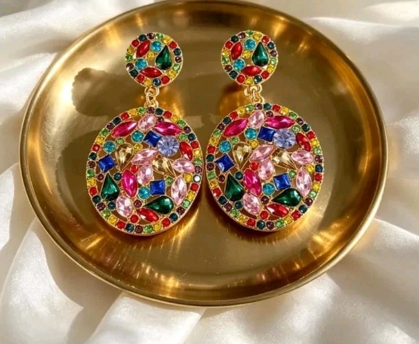 Round Cluster Earrings, Multicolor Faux Stones Of Crystals, Rinestones Gems