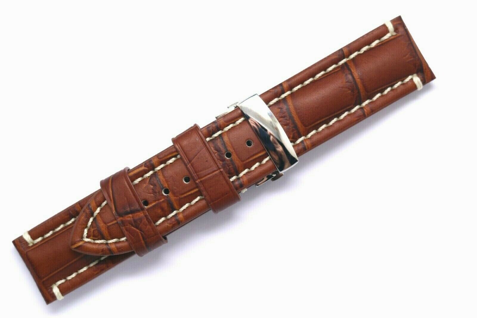 22mm Brown Leather Contrast Stitch Croco Watch Strap W/ Silver Push Button Clasp