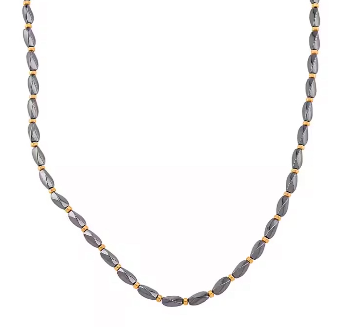 Deep Black Hematite Beaded Bead Necklace (Size – 25) Pure Alloy 200ct + Pouch