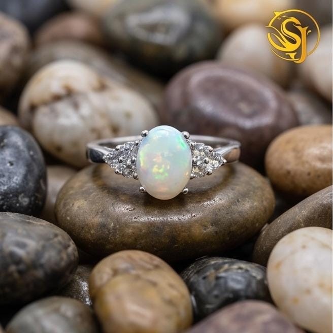 Oval Cut Opal Diamond Ring, 925 Sterling Silver Statement Ring