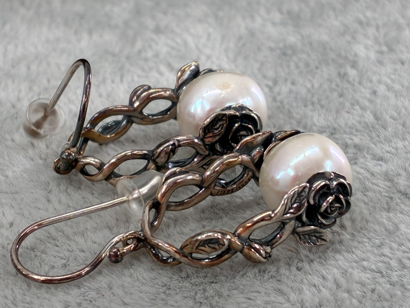 Or Paz White Cream Pearl Sterling Silver French Hook Floral Earrings Oxidized