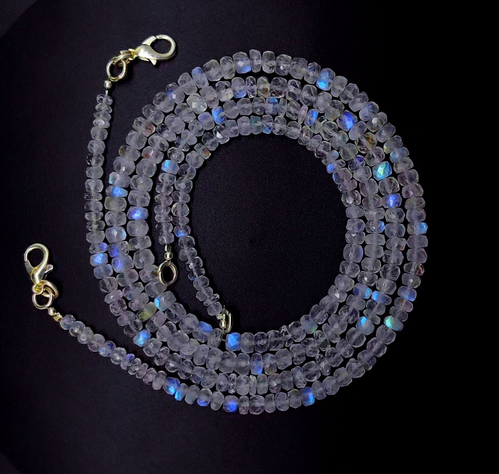 Natural Gem Blue Fire Rainbow Moonstone 4-5mm Faceted Rondelle Bead Necklace 16″