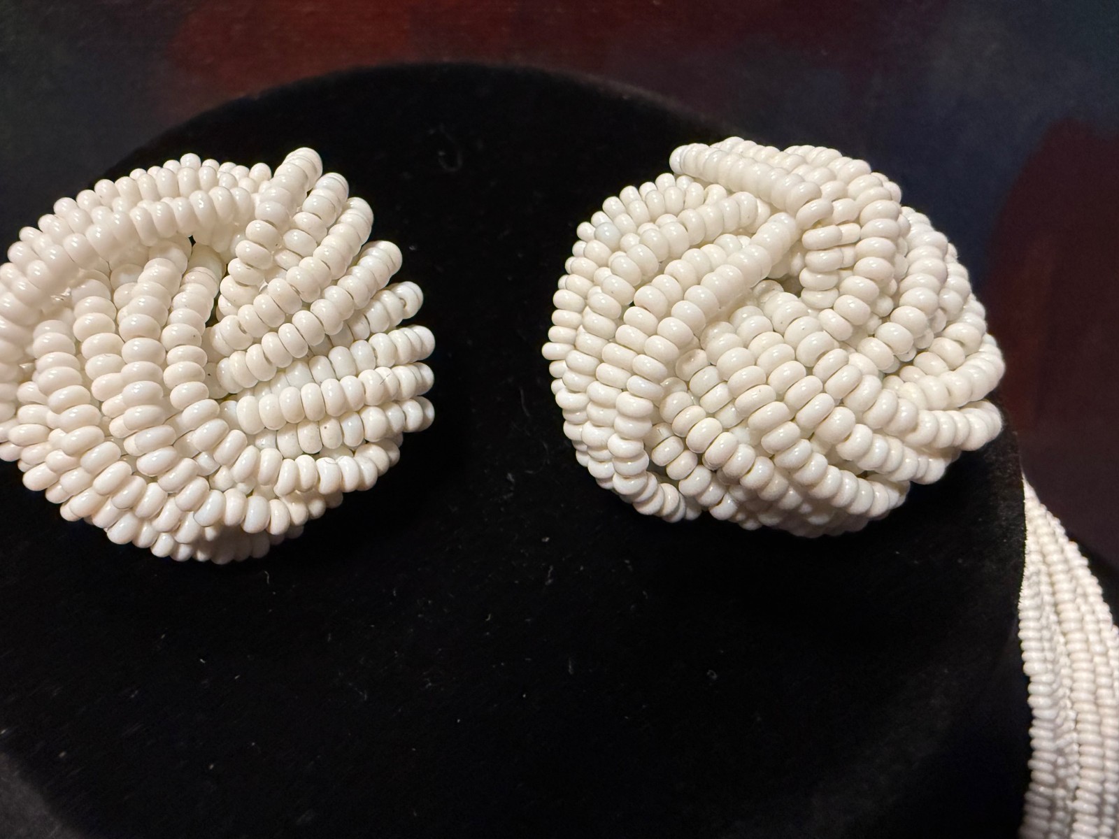 Vintage White Seed Bead Multi-Strand Statement Necklace and Clip-On Earrings