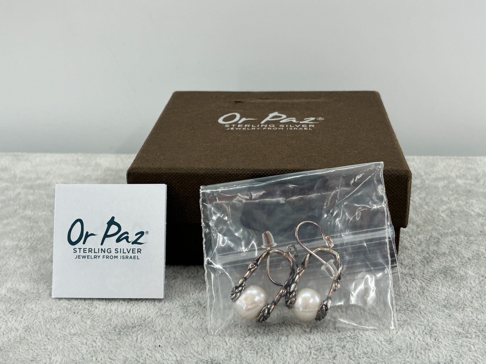 Or Paz White Cream Pearl Sterling Silver French Hook Floral Earrings Oxidized