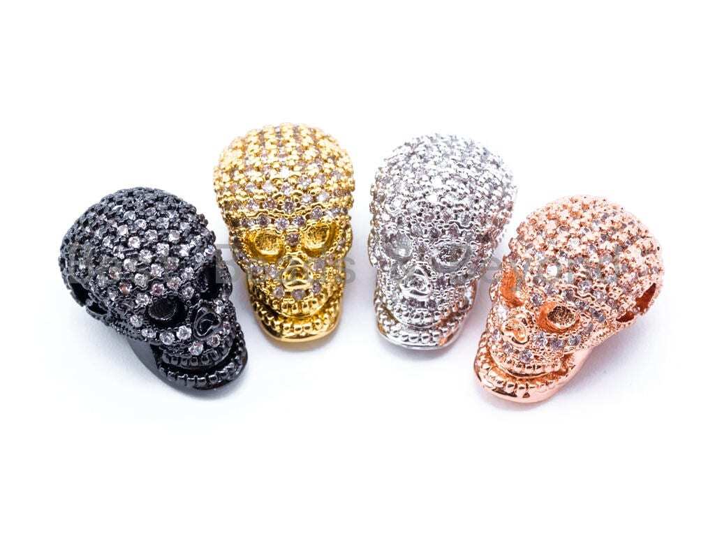 15x11mm 3D CZ Micro Pave Skull Charms, Gold/Black/Silver/Rose Gold Spacer Beads