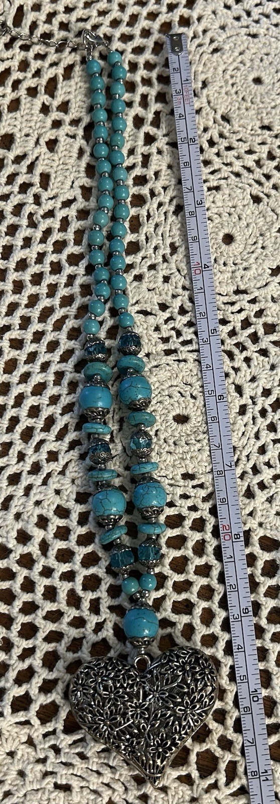 Beautiful Silver Toned Heart Turquoise Colored Blue Bead Necklace
