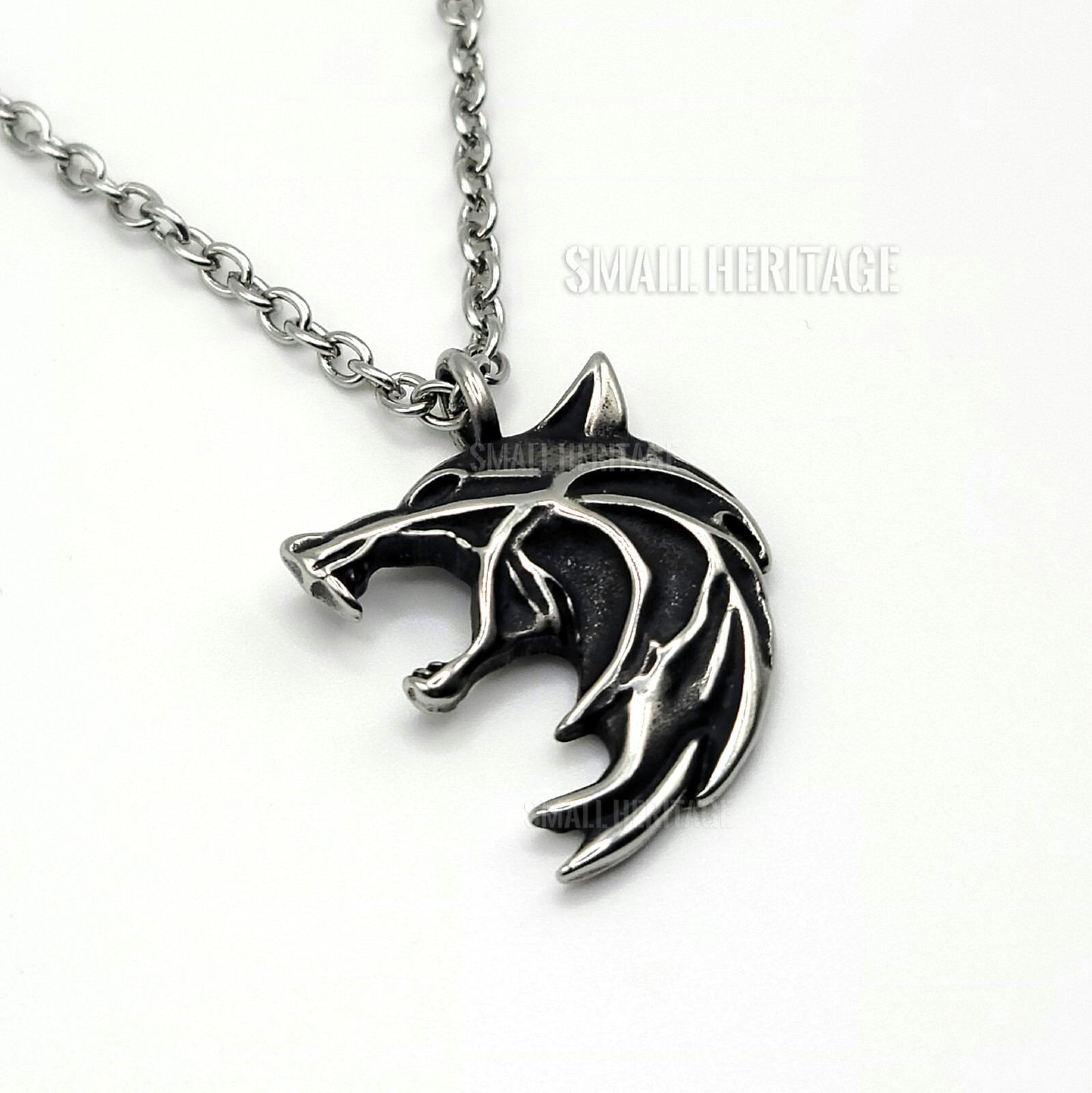 Small Heritage Wolf Head Viking Necklace Stainless Steel Witcher Pendant Amulet