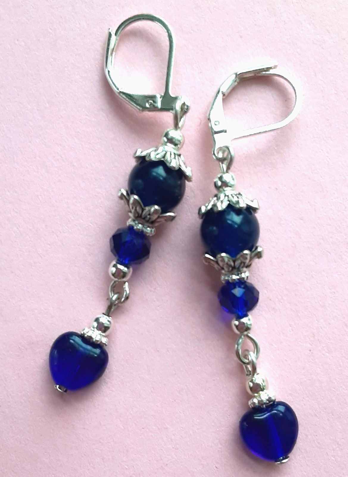 COBALT BLUE JADE & CZECH HEART DANGLE earring SP LEVER BACK artisan #612
