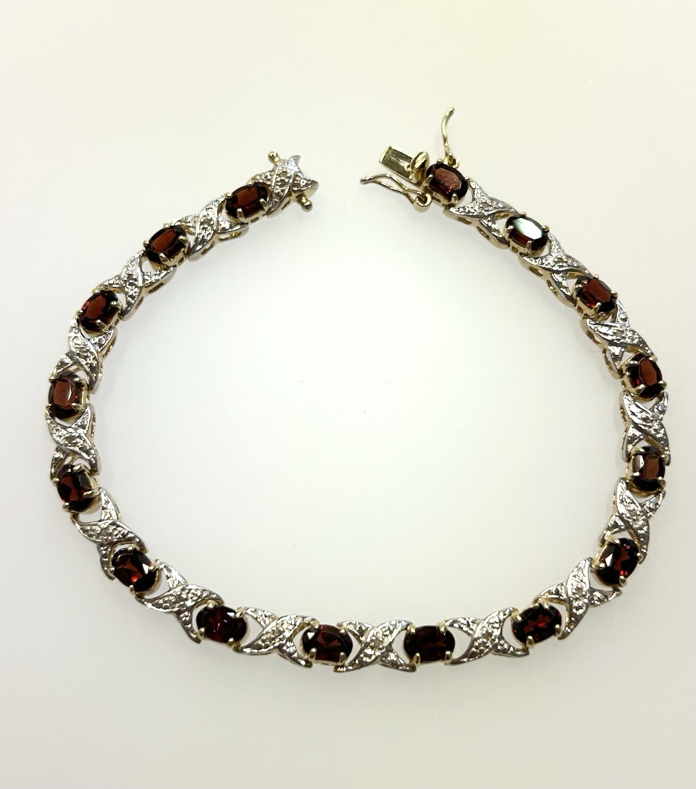 Vintage Sterling Silver Gold Toned X’s & O’s Bracelet With Red & Clear Stones