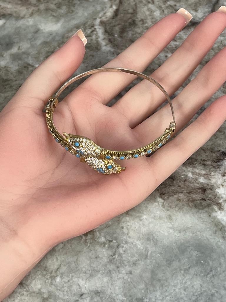 Snake Bracelet REAL Blue Turquoise 14K Gold on SOLID 925 Etruscan Victorian Rev.