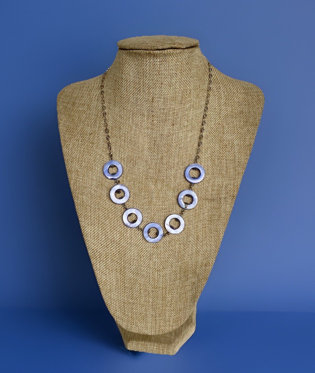 Periwinkle Blue Mother of Pearl Disc and Sterling Silver 925 Necklace 19″L