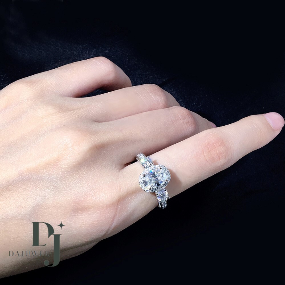 Moissanite Halo Engagement Ring Solid 14K White Gold 3 Carat Oval Cut VVS1