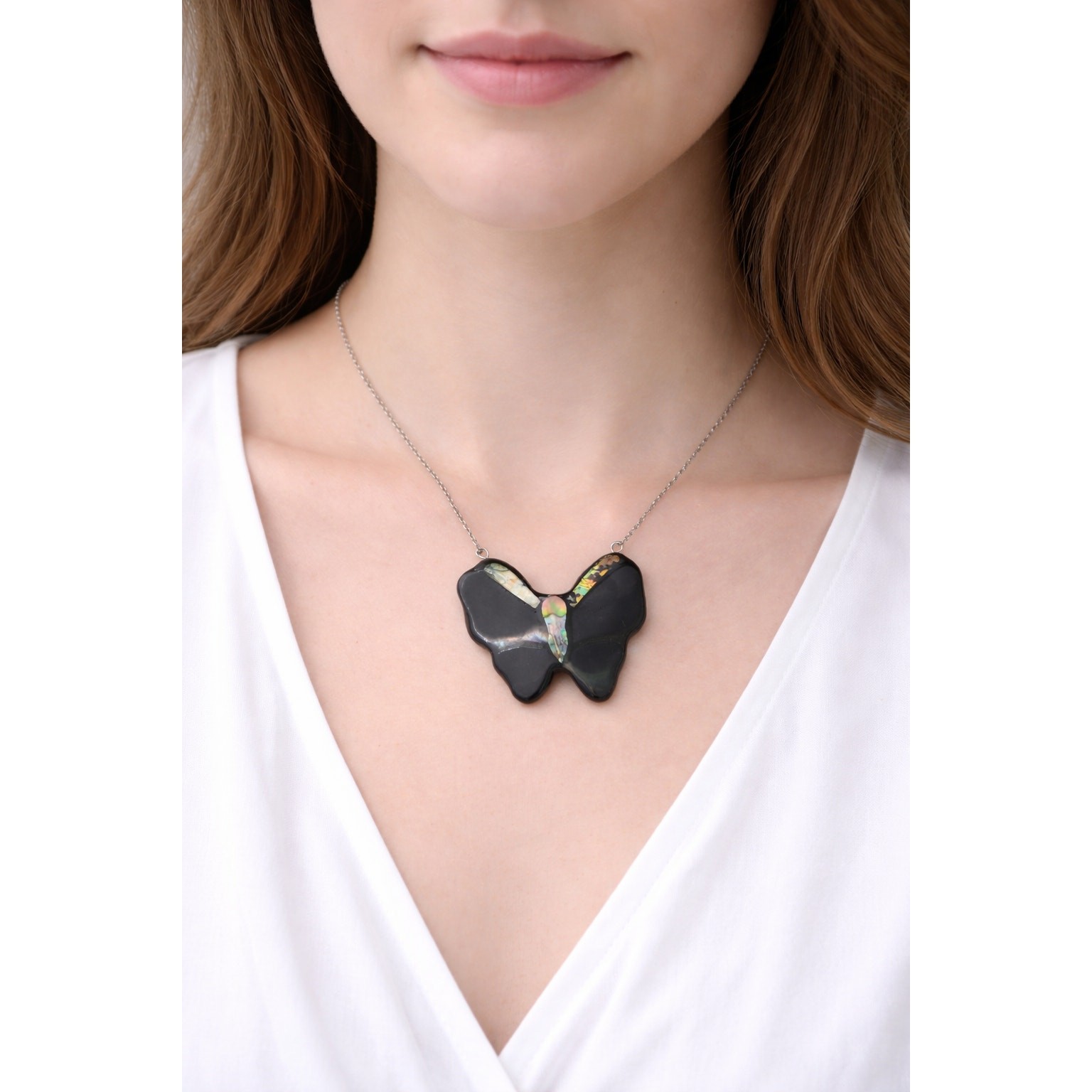 Vintage Accessorize Abalone Shell Butterfly Necklace Purple Resin Pendant