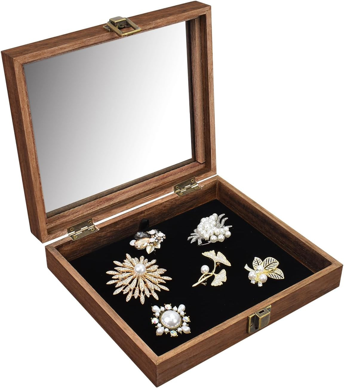 MOOCA Tempered-Glass Top Small Wooden Jewelry Display Case with Removable Black