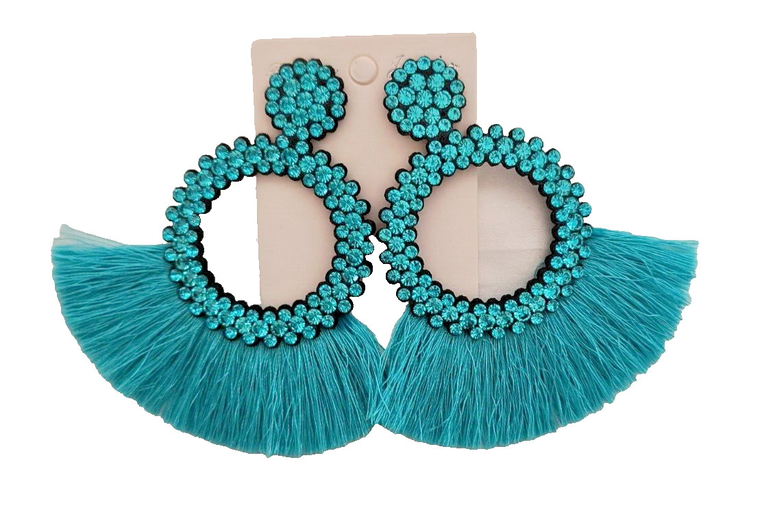 New Fashion Jewelry Dangle/ Drop Earrings Aqua Fringe Crystals Appx 3.5 inx3 in