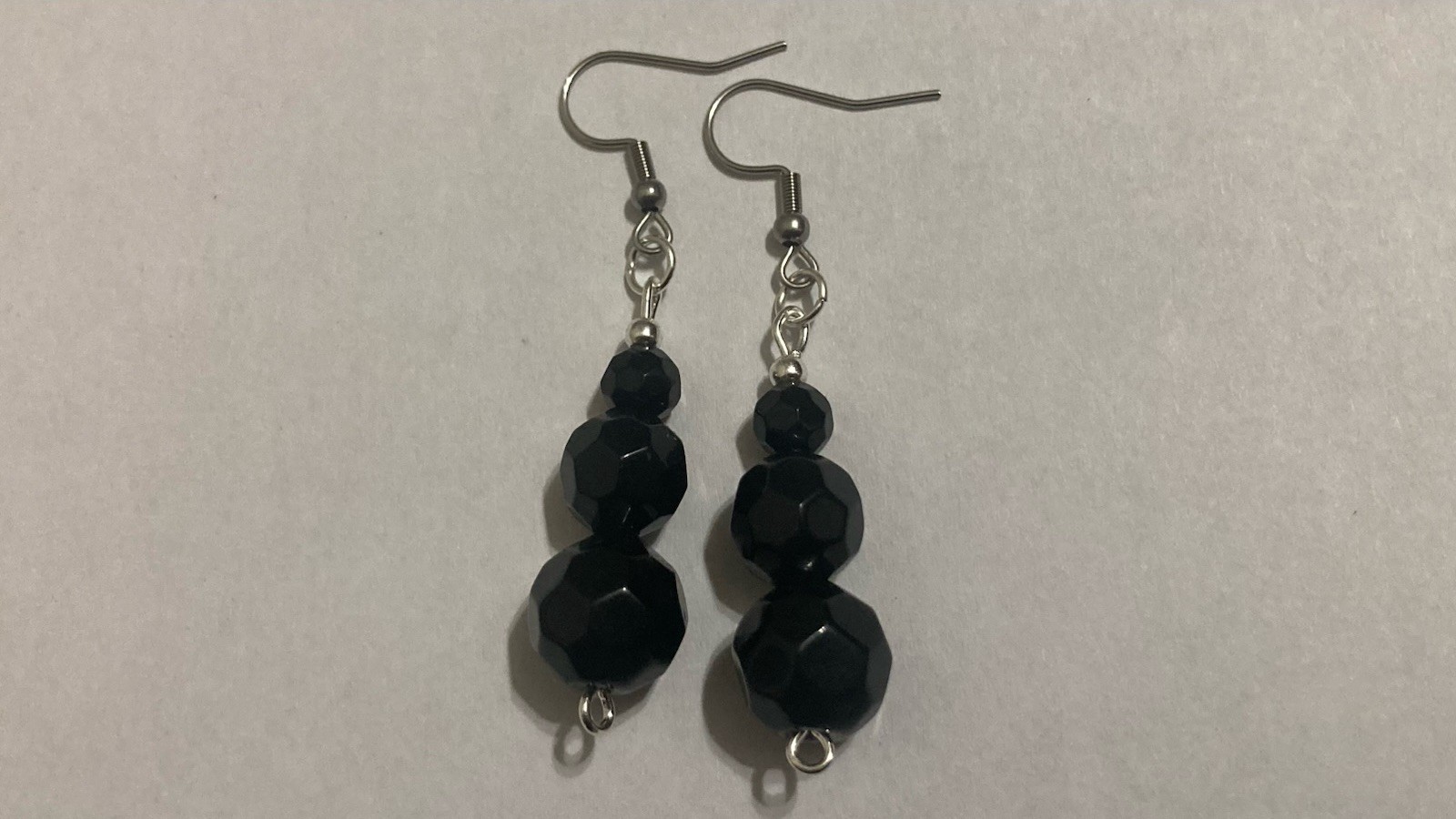 Onyx Obsidian Black Beaded Silver Handmade Boho Dangle Hook Drop Style Earrings