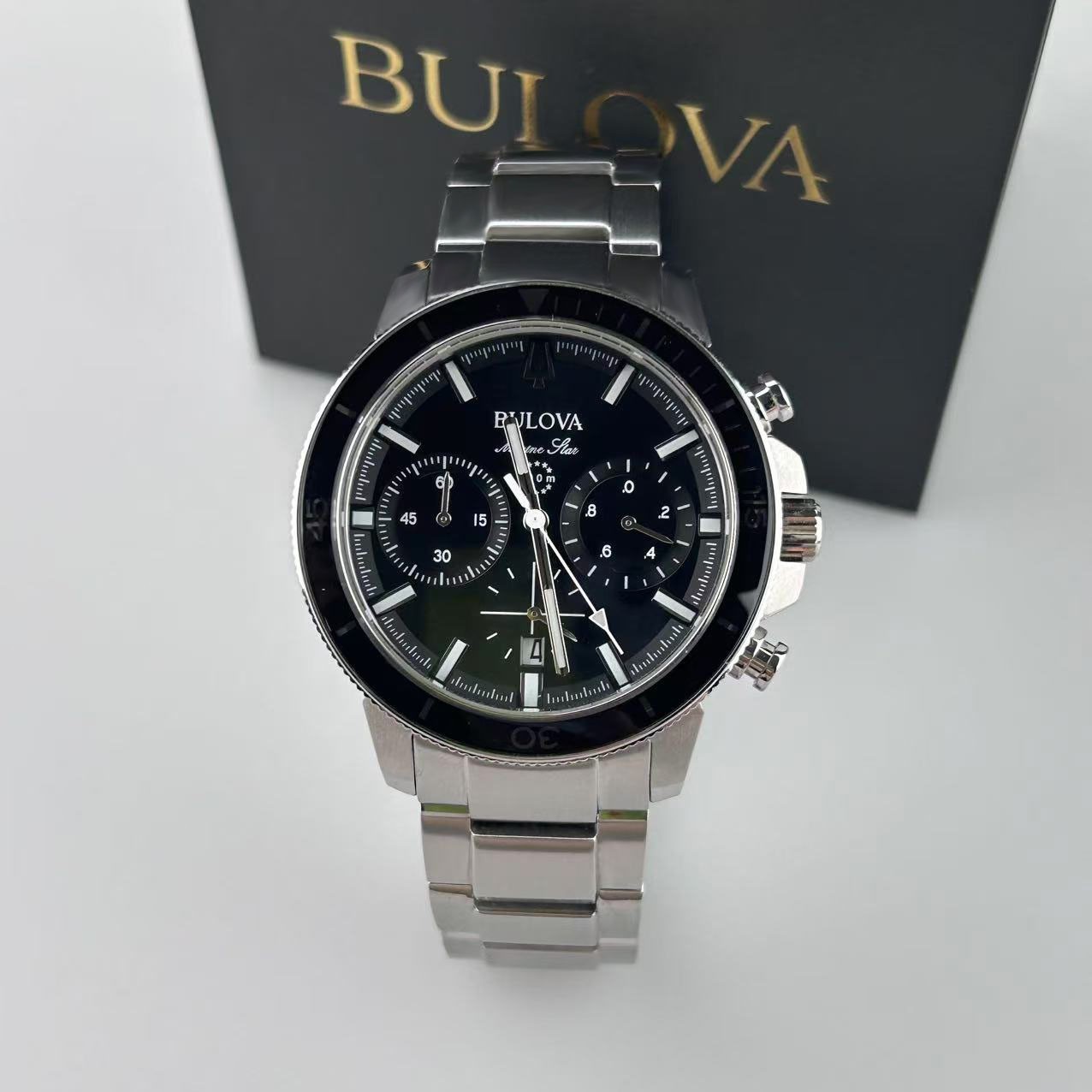 New Bulova Marine Star Black Dial Stainless Steel Men’s Quartz Watch 96B272 45mm