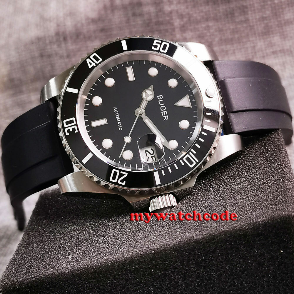 40mm Bliger Black Dial Sapphire Glass Rubber PT5000 NH35A Automatic Mens Watch