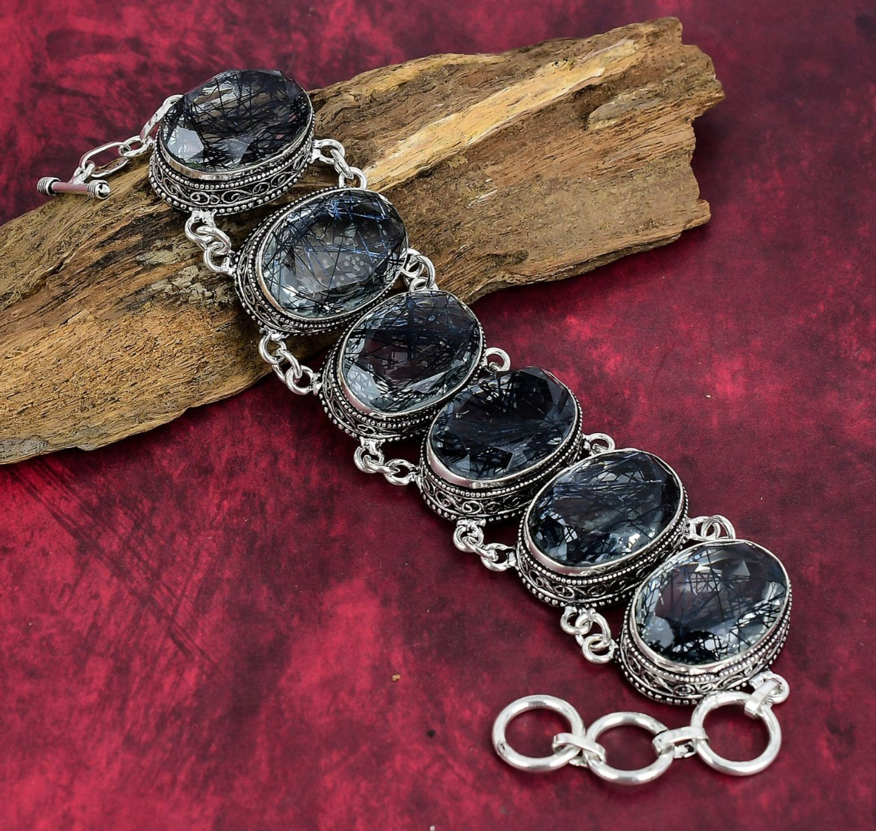 Black Rutile Gemstone 925 Sterling Silver Statement Jewelry Bracelet Easter Gift