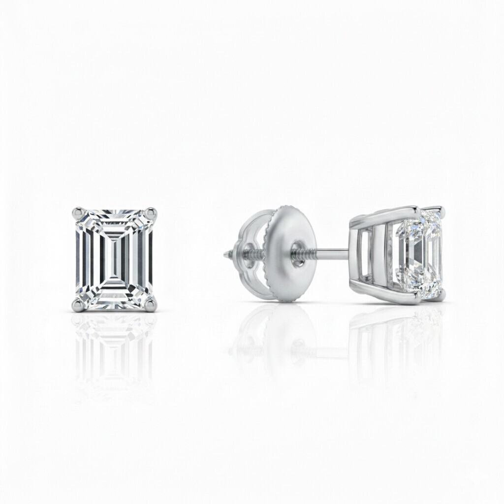 3 Ct Emerald Lab Created Moissanite Earrings 18k White Gold Vermeil Screw