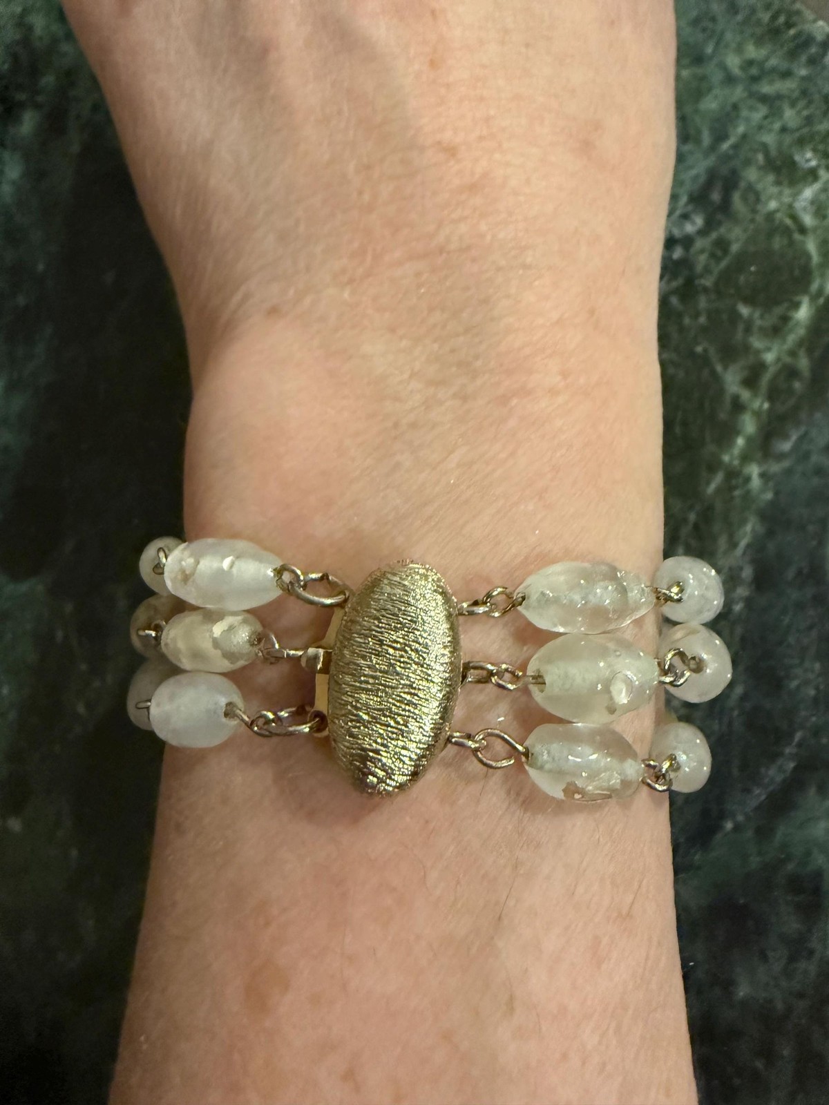 Vintage Triple Strand Frosted Glass Bead Bracelet Gold Tone Textured Oval Links