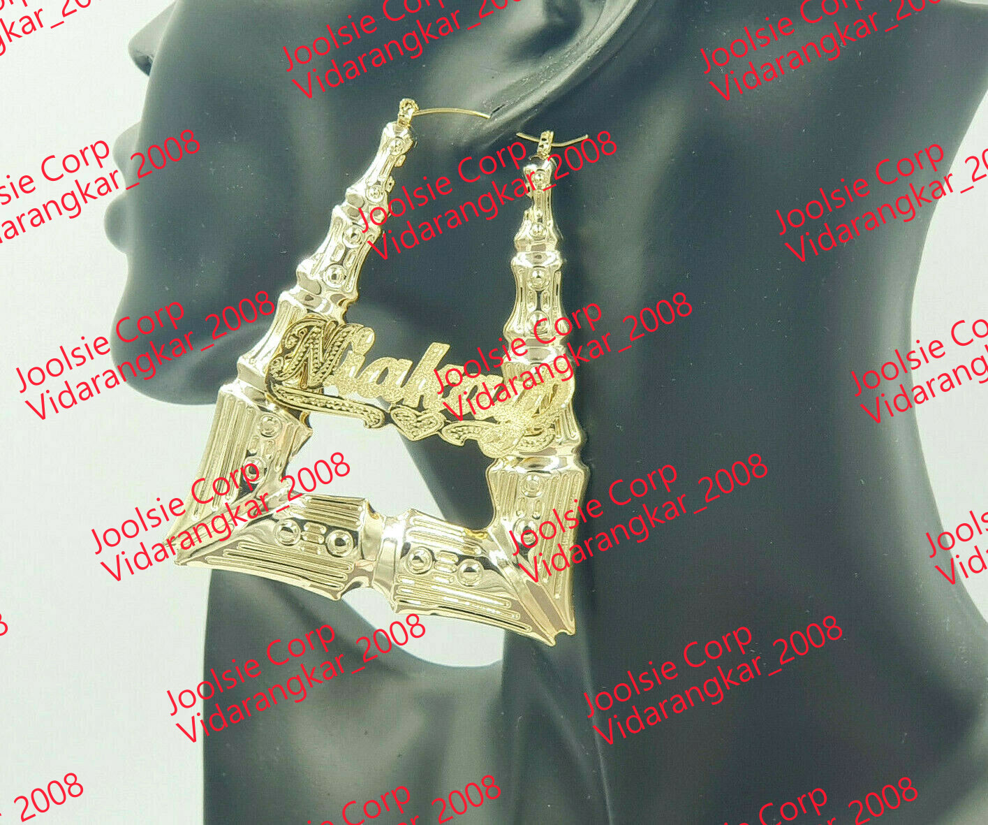 PERSONALIZED 14K GP 3″ (LARGE) TRIANGLE BAMBOO DOOR KNOCKERS ANY NAME EARRINGS
