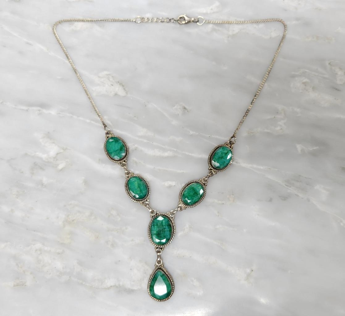 Sterling Silver Raw Emerald Princess Style Necklace ~ 25.0grams ~ 12-E992