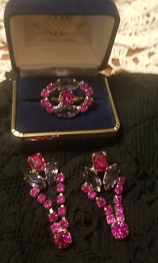 Antique, BIJOUX MG, Earrings&Ring Set, Rhinestones, Ring Size 8, Dark Pink, Gray