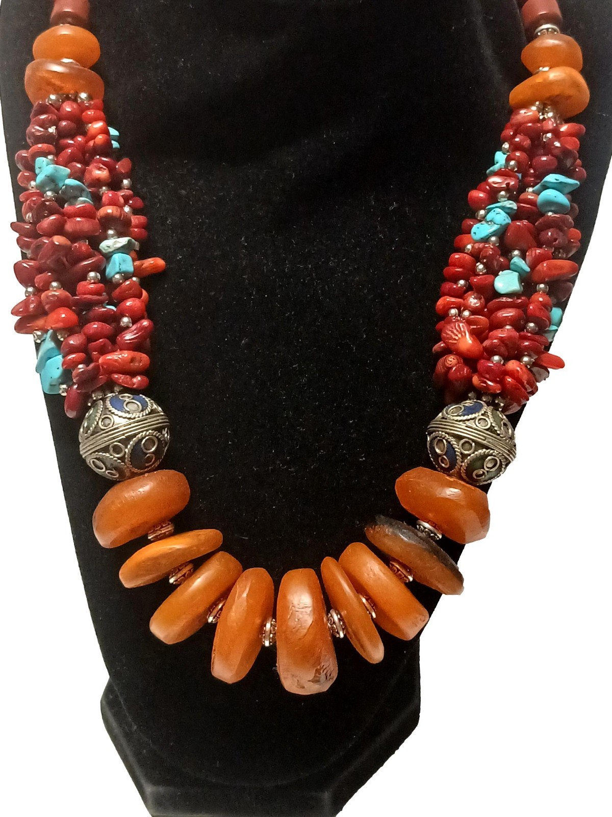 Vintage -Style Moroccan Berber Amber & Coral Turquoise Beaded Necklace Ethnic