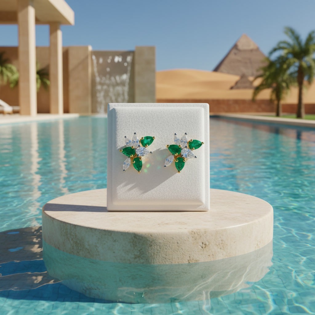 Natural Emerald Flower Cluster Stud Earrings 3x4mm Platinum Plated