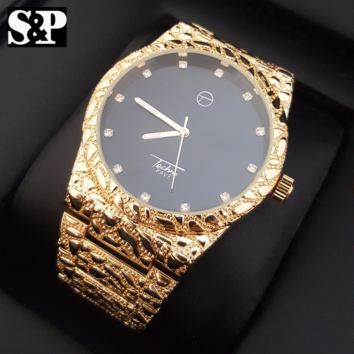 New Mens Luxury Urban Hip Hop Golden Nugget Bling Black Dial Wrist Dress Watch