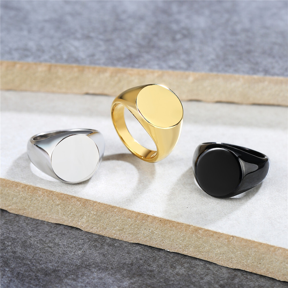 Men Women Gold Stainless Steel Round Signet Ring Band Wedding Jewelry Size 6-12
