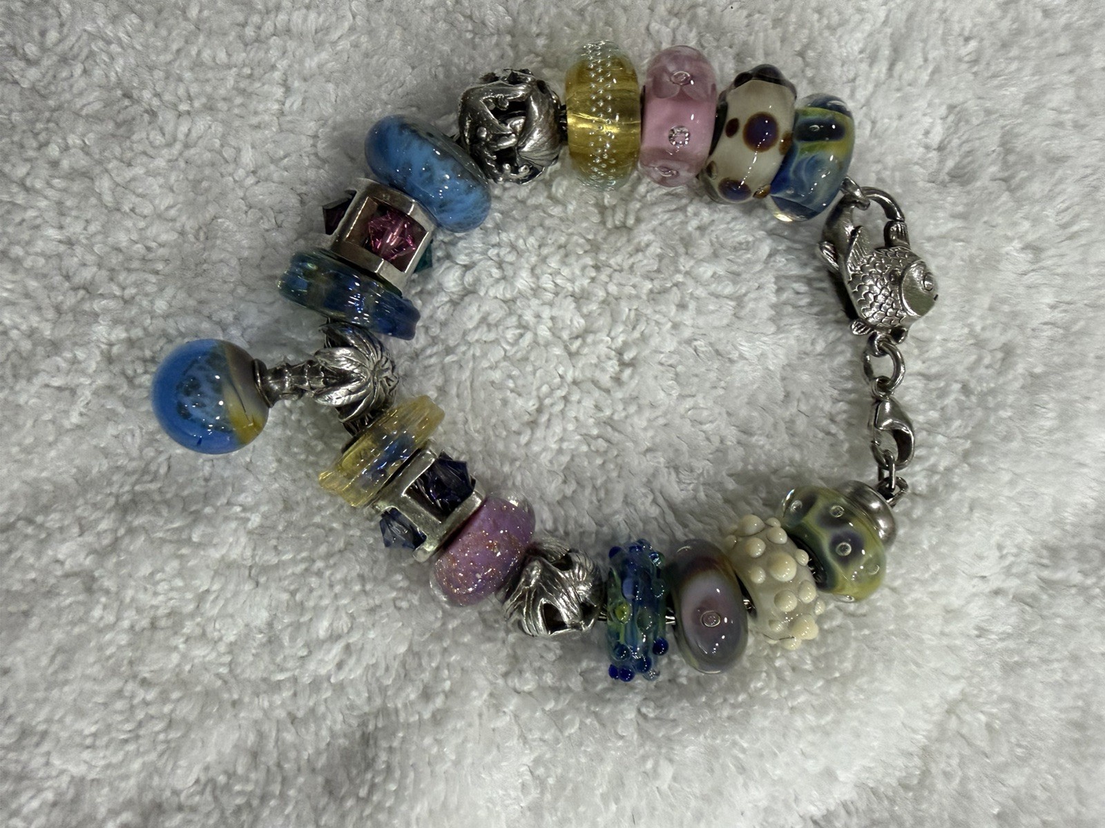 Trollbeads SS 7.5 inch Charm Bracelet with 17 Retired Charms in Blues & Pinks