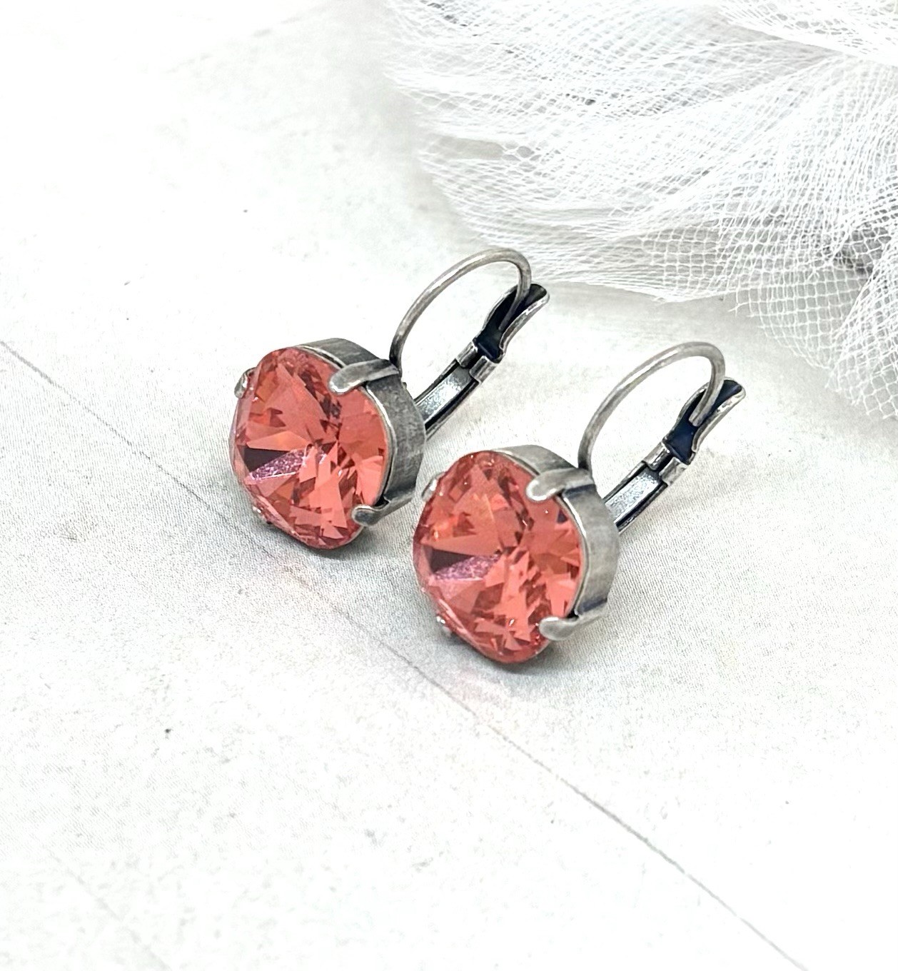 12mm Silver Plated Padparadasha Crystal Square Cup Chain Earrings