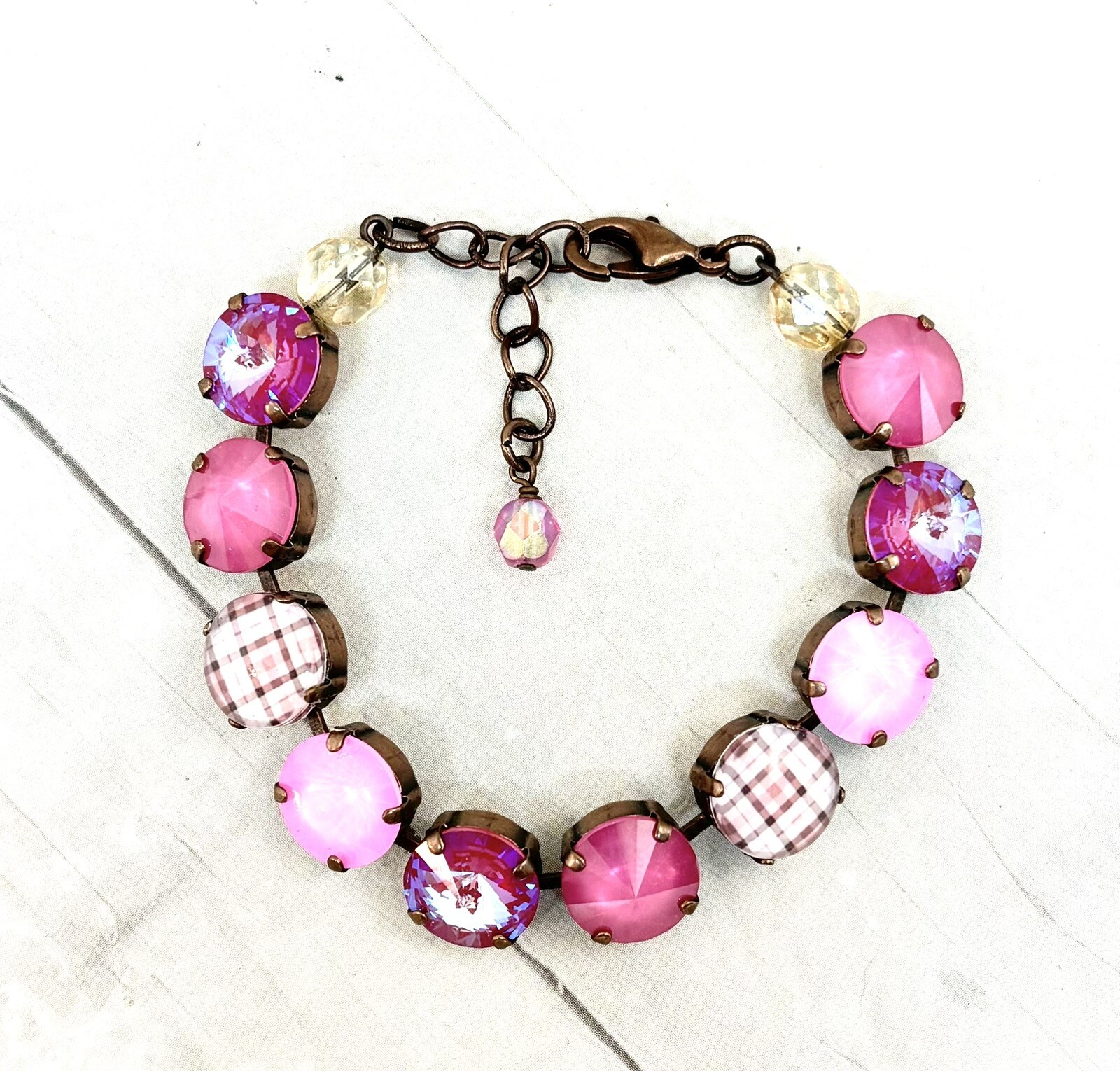 PINK Plaid Cup Chain Statement Bracelet made with Pink Austrian Crystals
