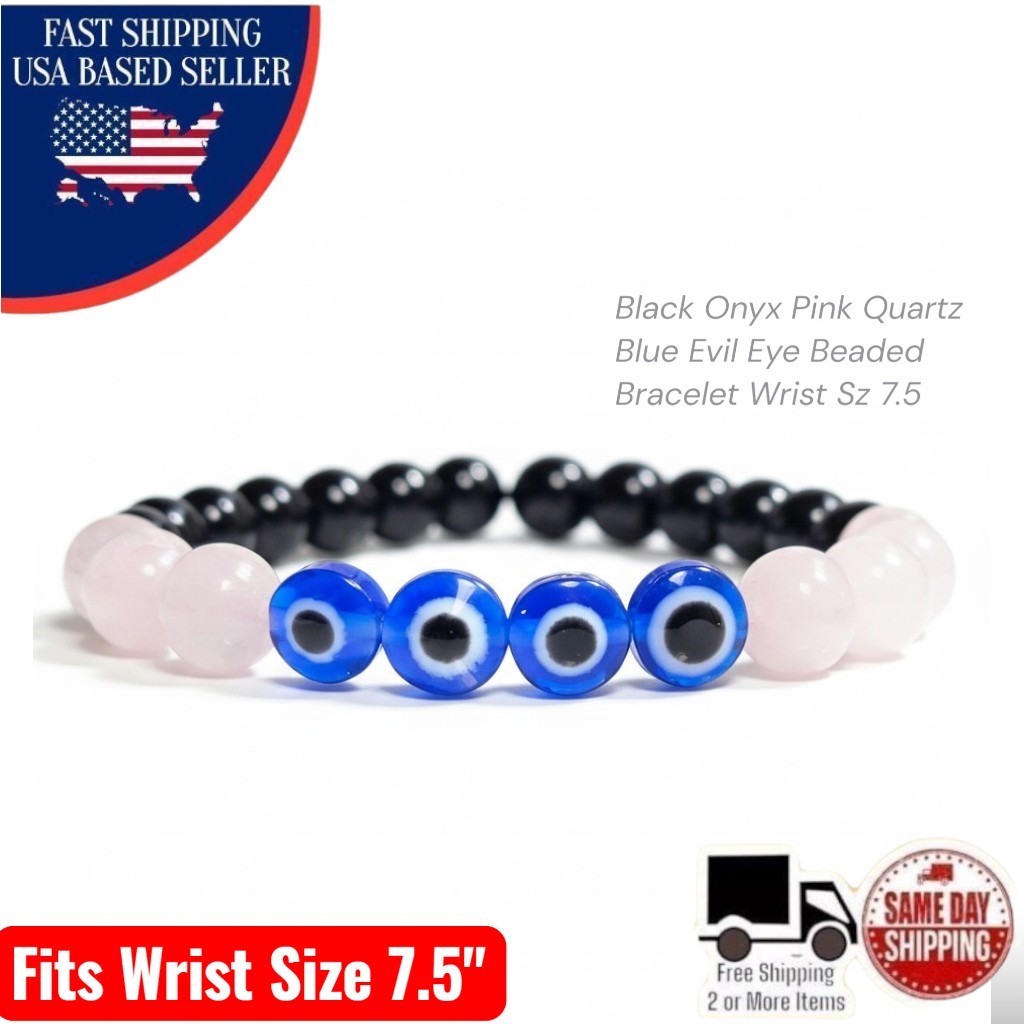Black Onyx Pink Quartz Blue Evil Eye Beaded Design 8mm Bracelet Wrist Sz 7.5
