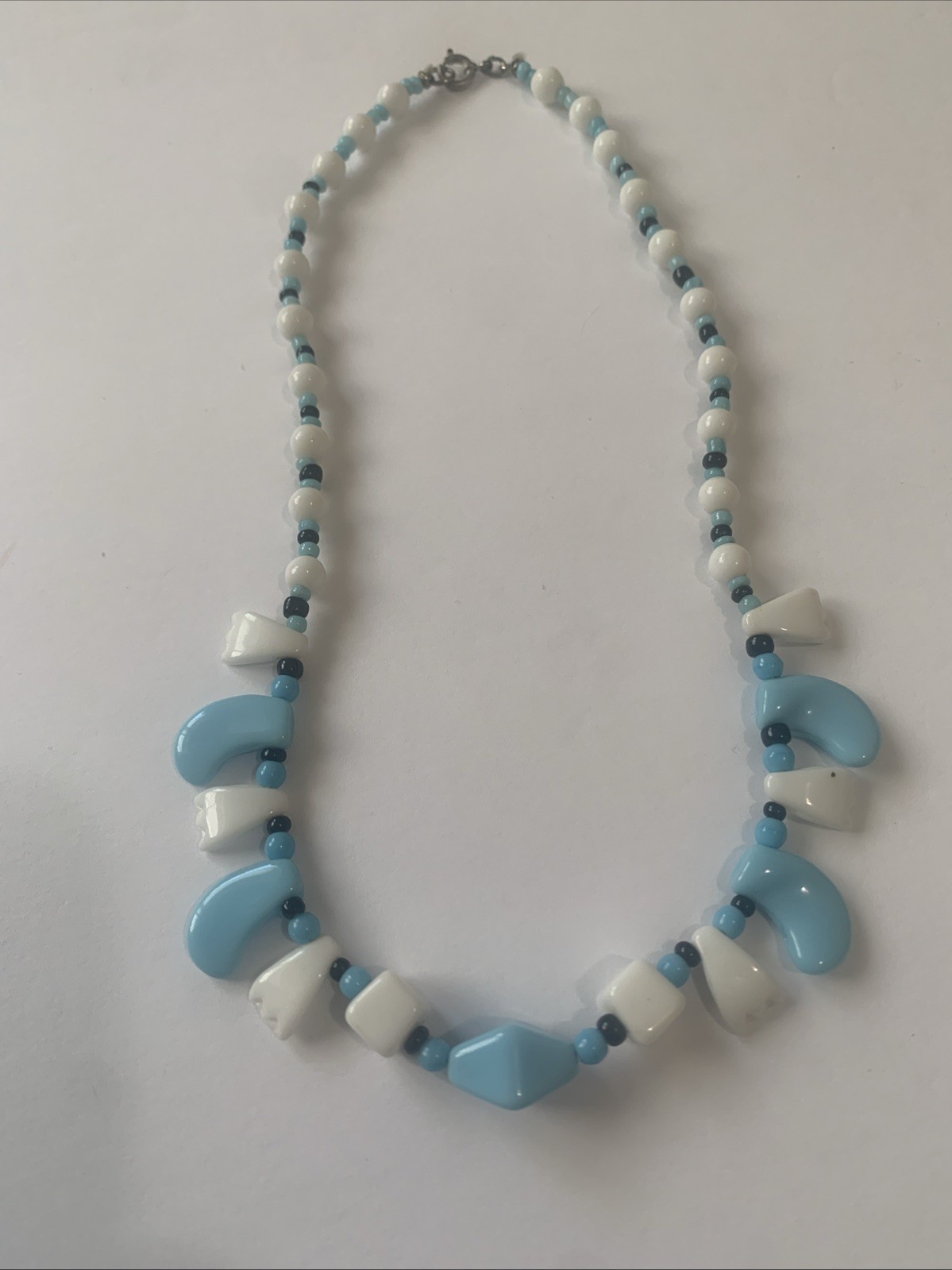 Vintage Style Blue and White Beaded Necklace with Unique Clasp.