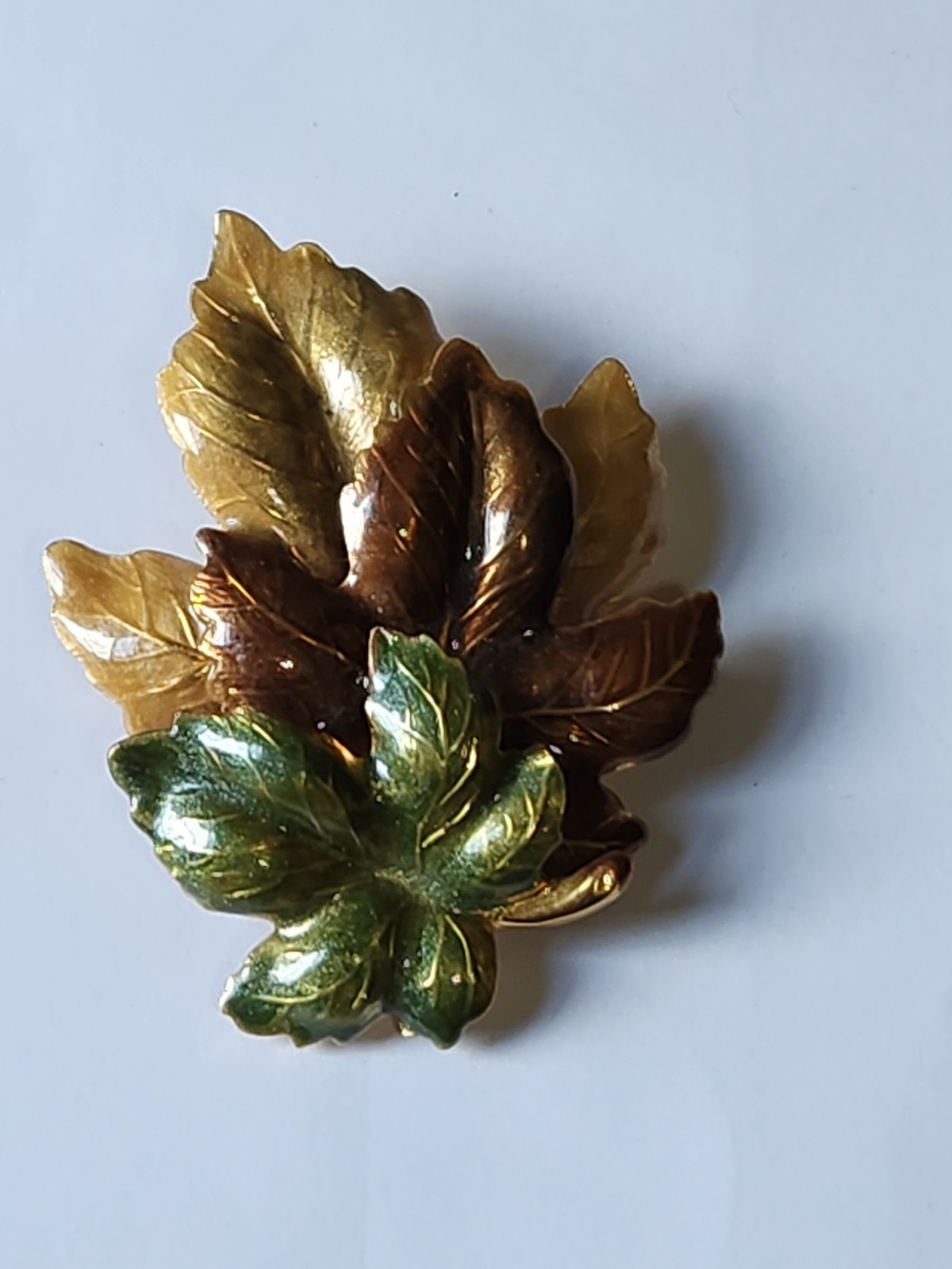 Vtg Brooch Green Orange Yellow Enameled Maple Leaf Leaves Brooch Pin Unmarked