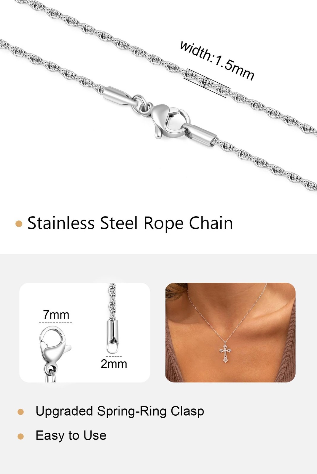 Monily Silver Rope Chain for Women 1.3mm 1.5mm 2mm Stainless Steel Thin Twist…